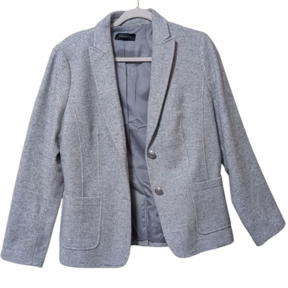 Talbots Structured Gray Herringbone Wool-Blend Two-Button Classic Blazer tweed